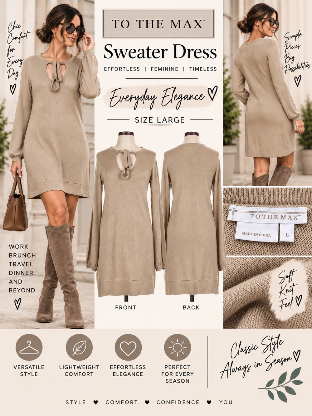 To The Max Sweater Dress L Beige Taupe Tie Neck Quiet Luxury Knit Mini